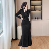 French Black Knit Dress Set for Women – Elegant Outfit for Petite Fit