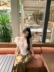 Floral Off-Shoulder Ruffle Blouse – Lace Trim Slim Fit Feminine Top