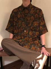 Vintage Floral Print Short Sleeve Shirt – Unisex Loose-Fit Hong Kong Style Vacation Shirt