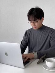 Men’s Loose Fit Half Turtleneck Long Sleeve Tee – Korean Style Solid Color Base Layer Top