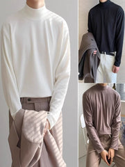 Men’s Loose Fit Half Turtleneck Long Sleeve Tee – Korean Style Solid Color Base Layer Top