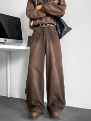 Men's Brown Wide-Leg Jeans – Cleanfit Loose Fit Washed Vintage Streetwear