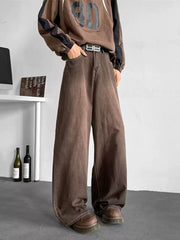 Men's Brown Wide-Leg Jeans – Cleanfit Loose Fit Washed Vintage Streetwear
