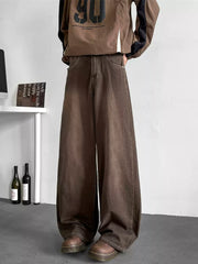 Men's Brown Wide-Leg Jeans – Cleanfit Loose Fit Washed Vintage Streetwear