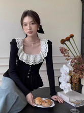 Korean Contrast Color Ruffle Button Sweater – Slim Fit French Style Top for Women