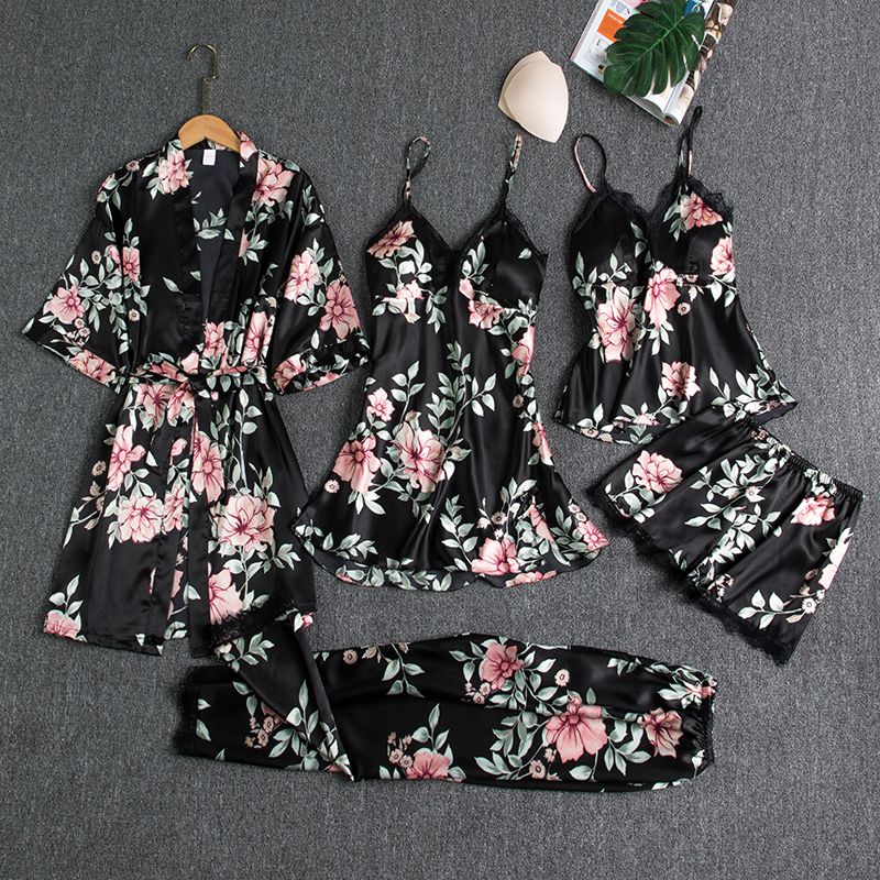 Silk 5-Piece Women's Sleepwear Set with Chest Pads – Camisole Dress, Robe & Loungewear