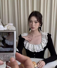 Korean Contrast Color Ruffle Button Sweater – Slim Fit French Style Top for Women