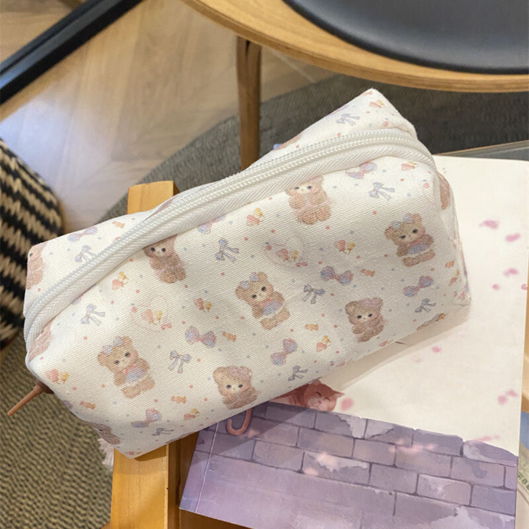 NS Handmade Bear Print Pencil Case - Cute, Fresh, Large Capacity Multifunctional Storage Bag, Stationery Pouch