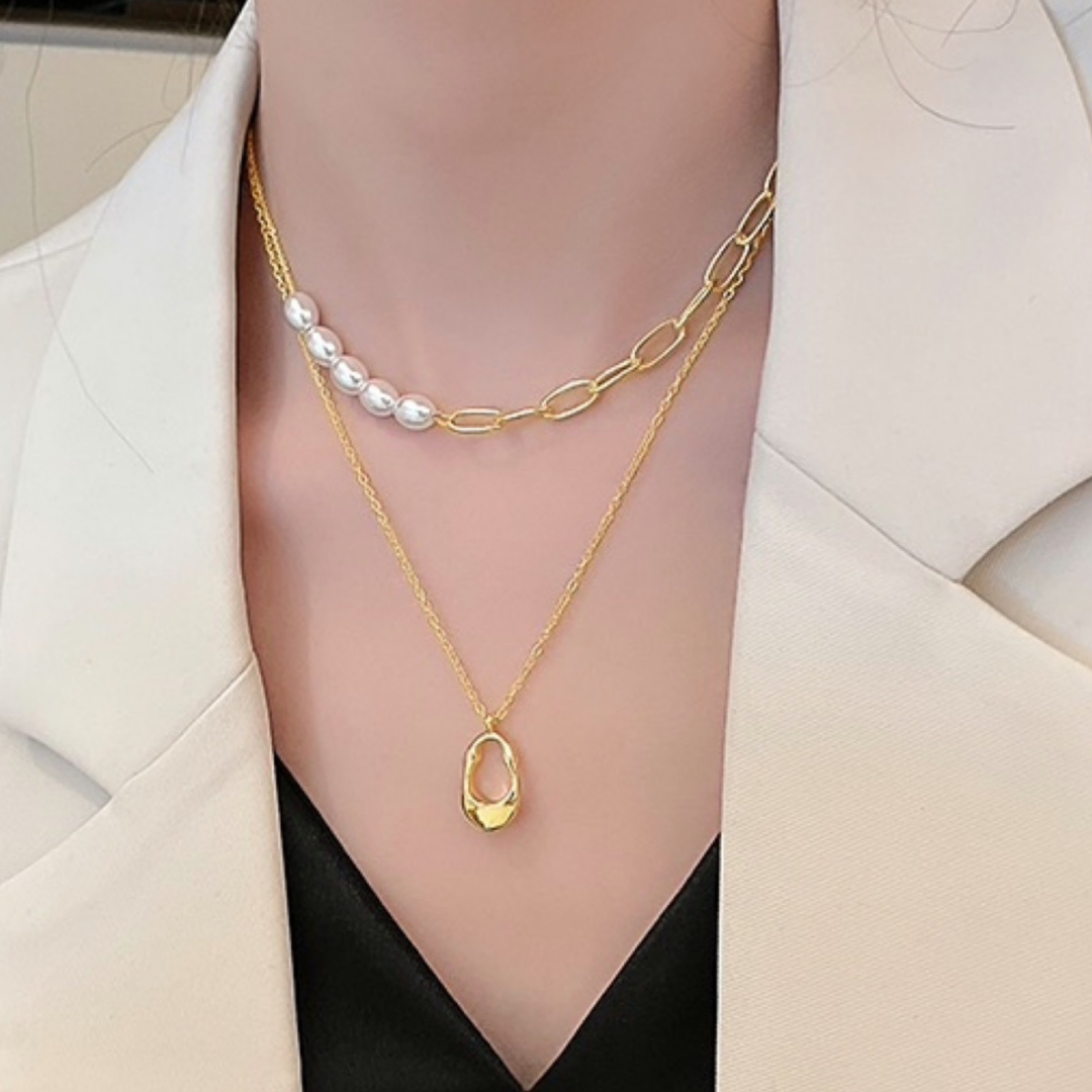 Minimalist Pearl & Plaid Teardrop Pendant Necklace Set