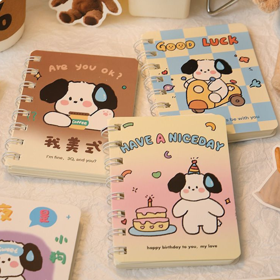Retro Puppy Pocket Spiral Notebook - Cute American Aesthetic Memo Pad