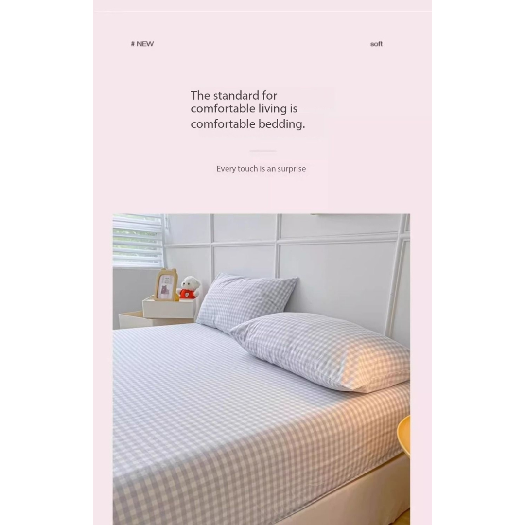 Washed Cotton Fitted Sheet – Simple Checkered & Solid Color Mattress Protector, Full Wrap Bed Sheet 3-Piece Set