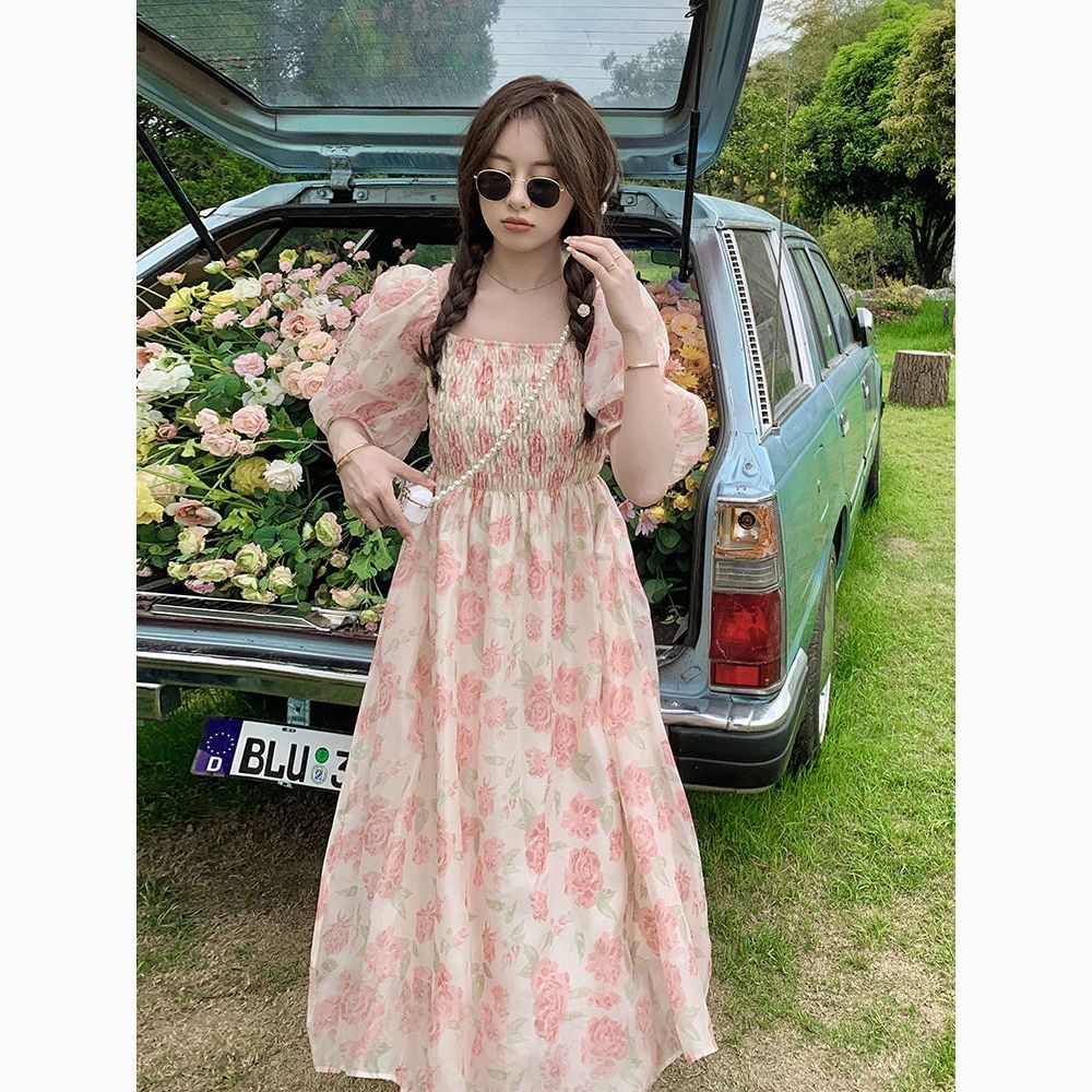 Summer new style French all-match slim mid-length super fairy gentle floral pink Dress