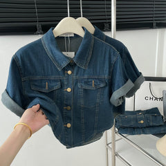 Retro Korean style Denim shirt women's short-sleeved lapel short top