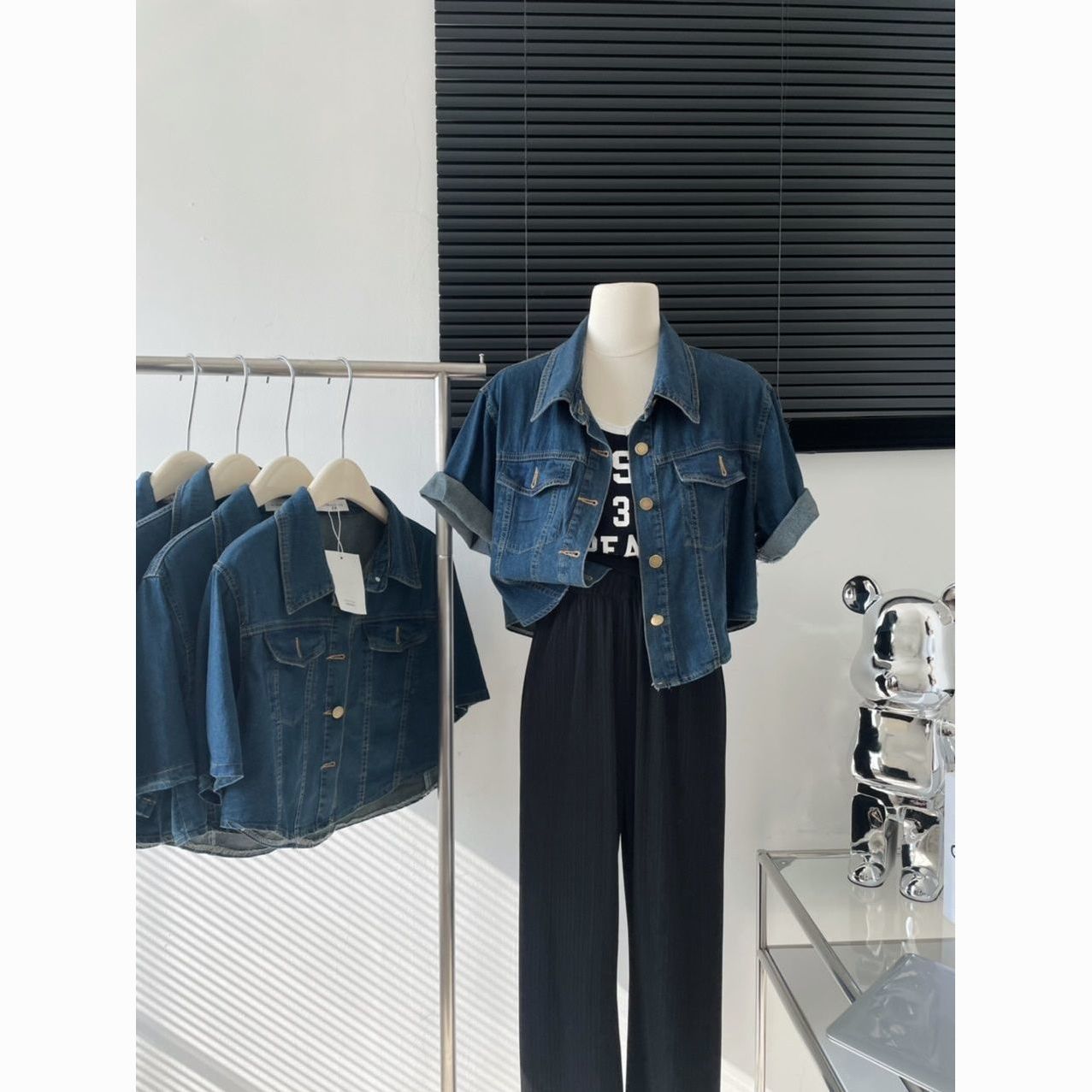 Retro Korean style Denim shirt women's short-sleeved lapel short top