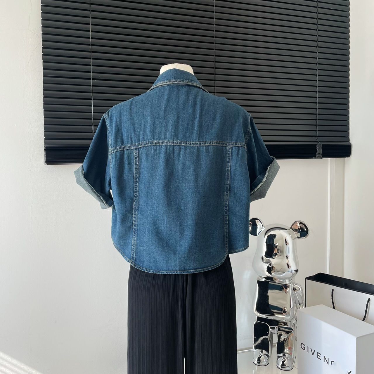 Retro Korean style Denim shirt women's short-sleeved lapel short top