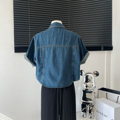 Retro Korean style Denim shirt women's short-sleeved lapel short top