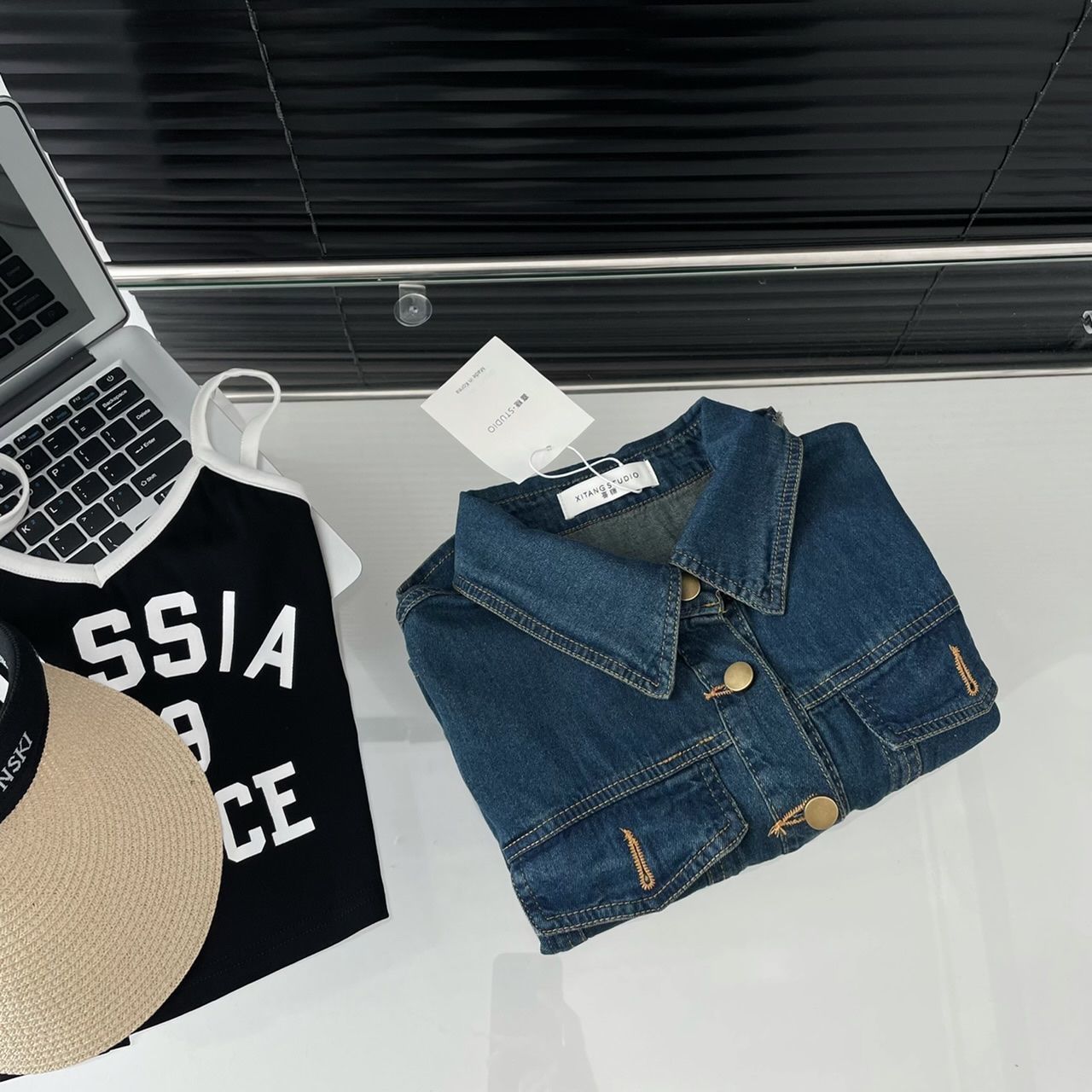 Retro Korean style Denim shirt women's short-sleeved lapel short top