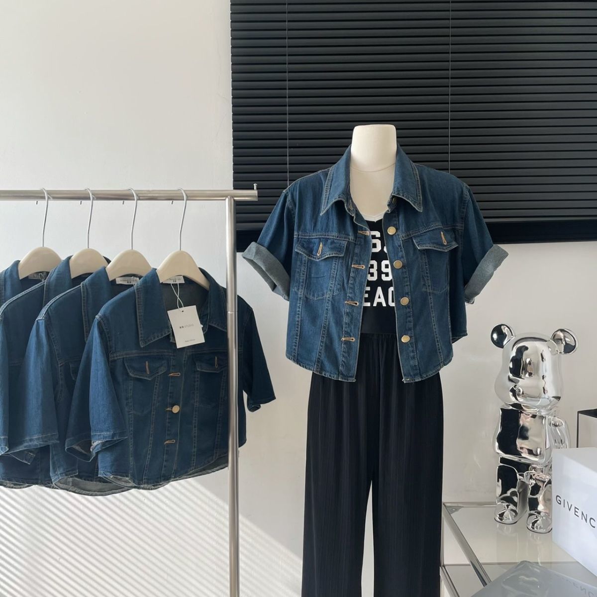 Retro Korean style Denim shirt women's short-sleeved lapel short top