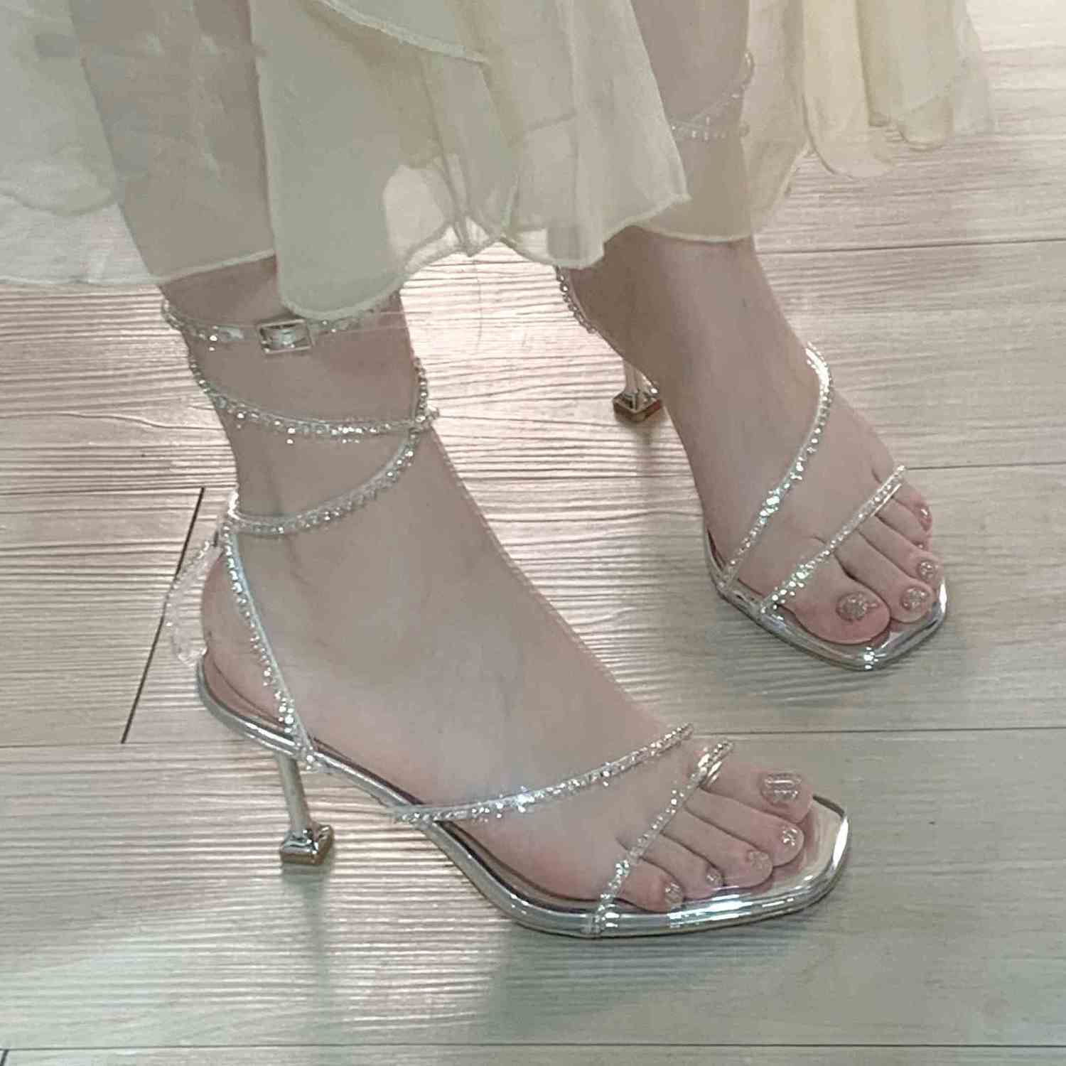 Silver Rhinestone Open Toe Snake Wrap Strap One-Buckle Stiletto High Heels