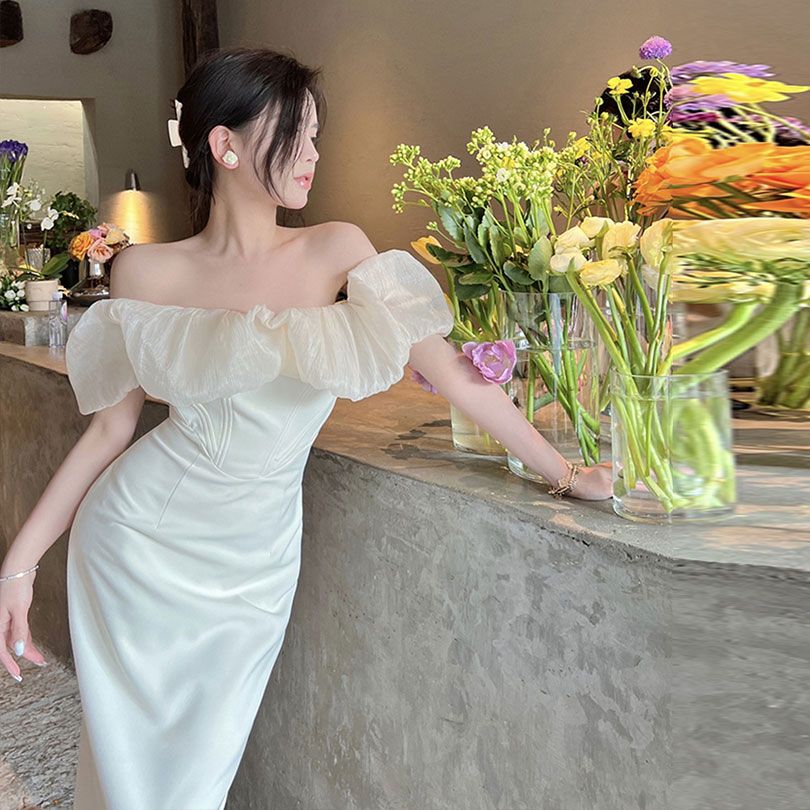French elegant off-shoulder slim-fitting hip high-end seaside vacation dress