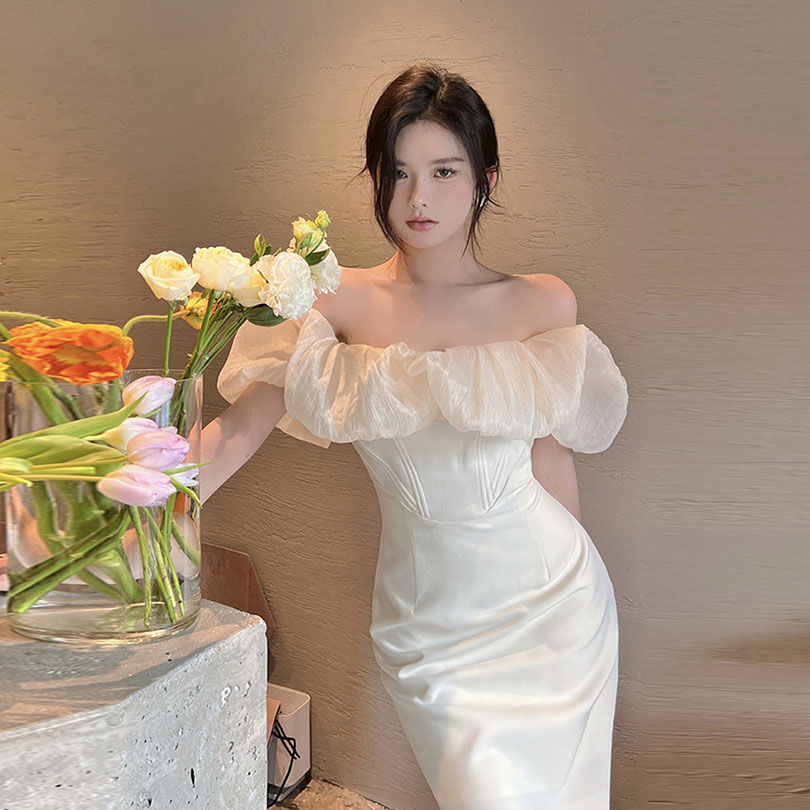 French elegant off-shoulder slim-fitting hip high-end seaside vacation dress