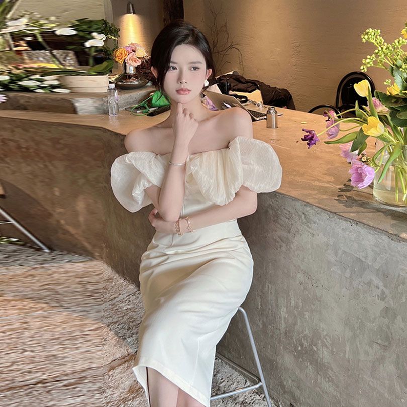 French elegant off-shoulder slim-fitting hip high-end seaside vacation dress