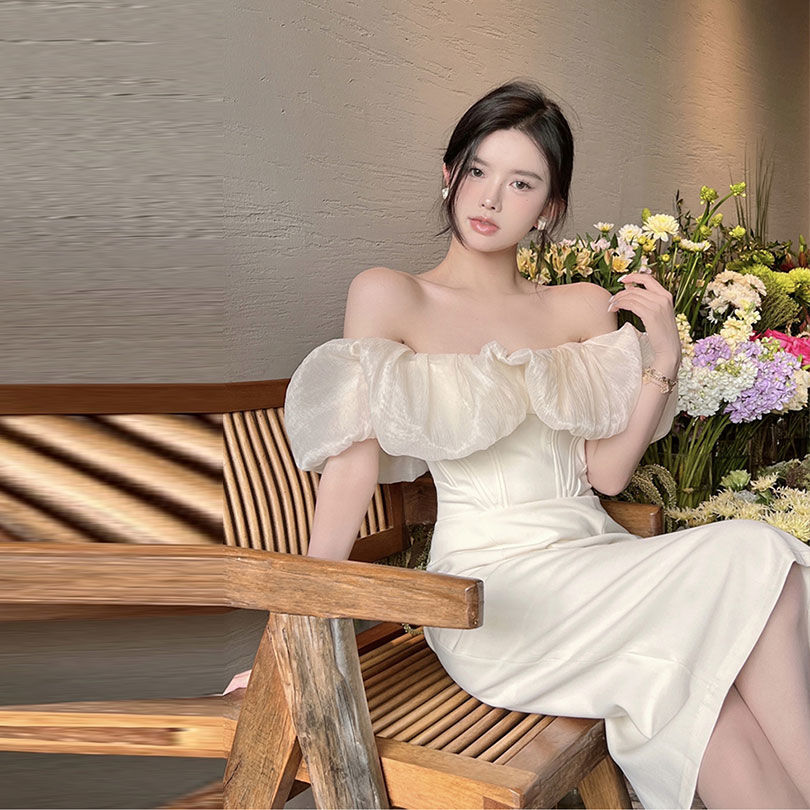 French elegant off-shoulder slim-fitting hip high-end seaside vacation dress