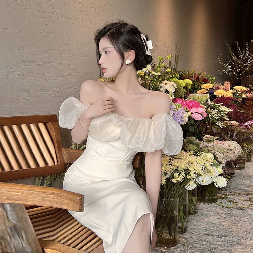 French elegant off-shoulder slim-fitting hip high-end seaside vacation dress