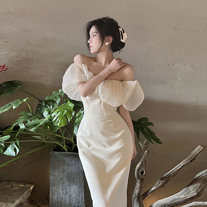 French elegant off-shoulder slim-fitting hip high-end seaside vacation dress