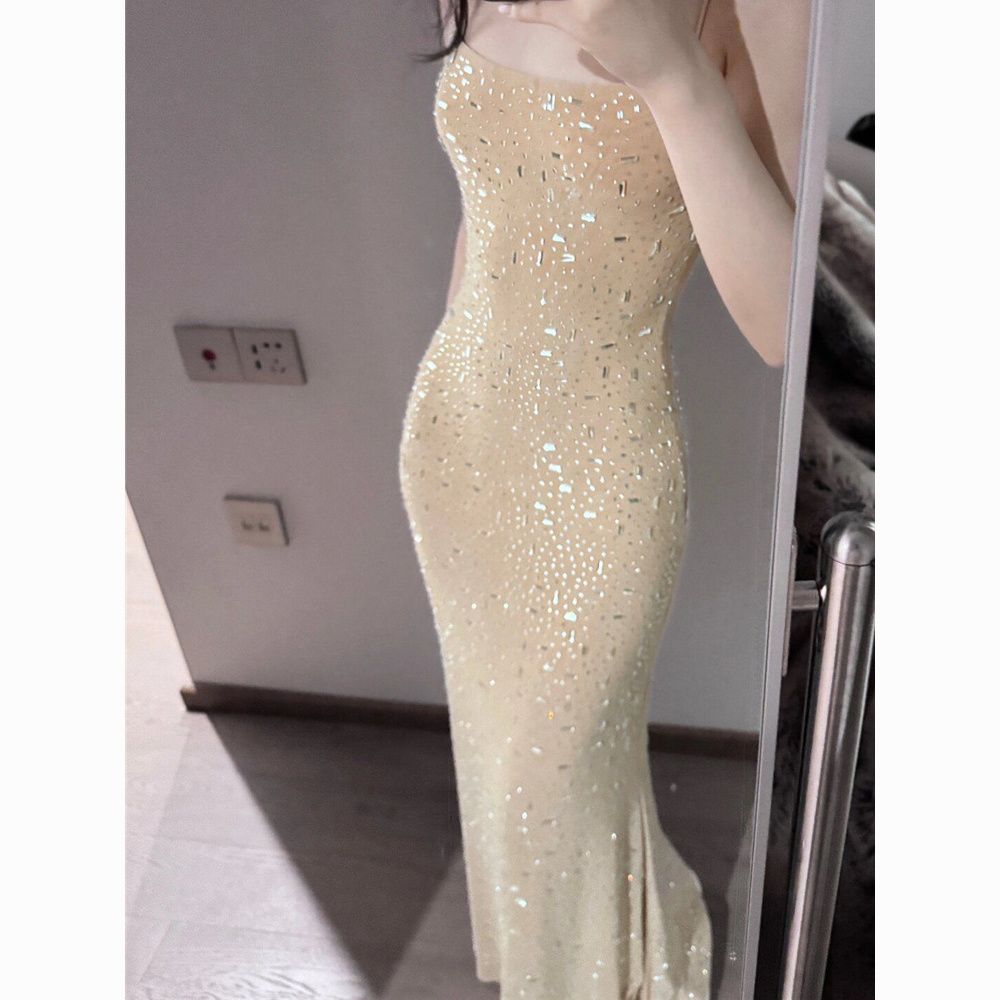 European studded diamond design light luxury high-end evening long spaghetti dress