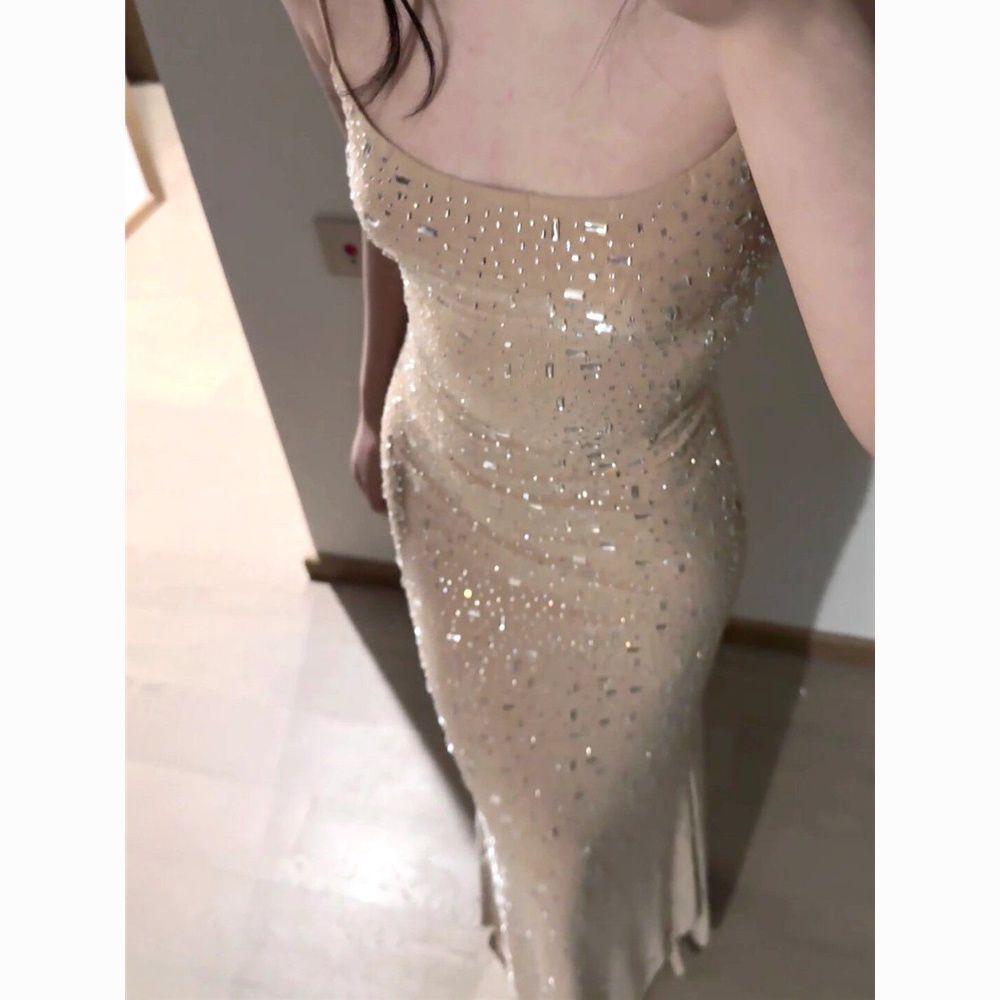 European studded diamond design light luxury high-end evening long spaghetti dress