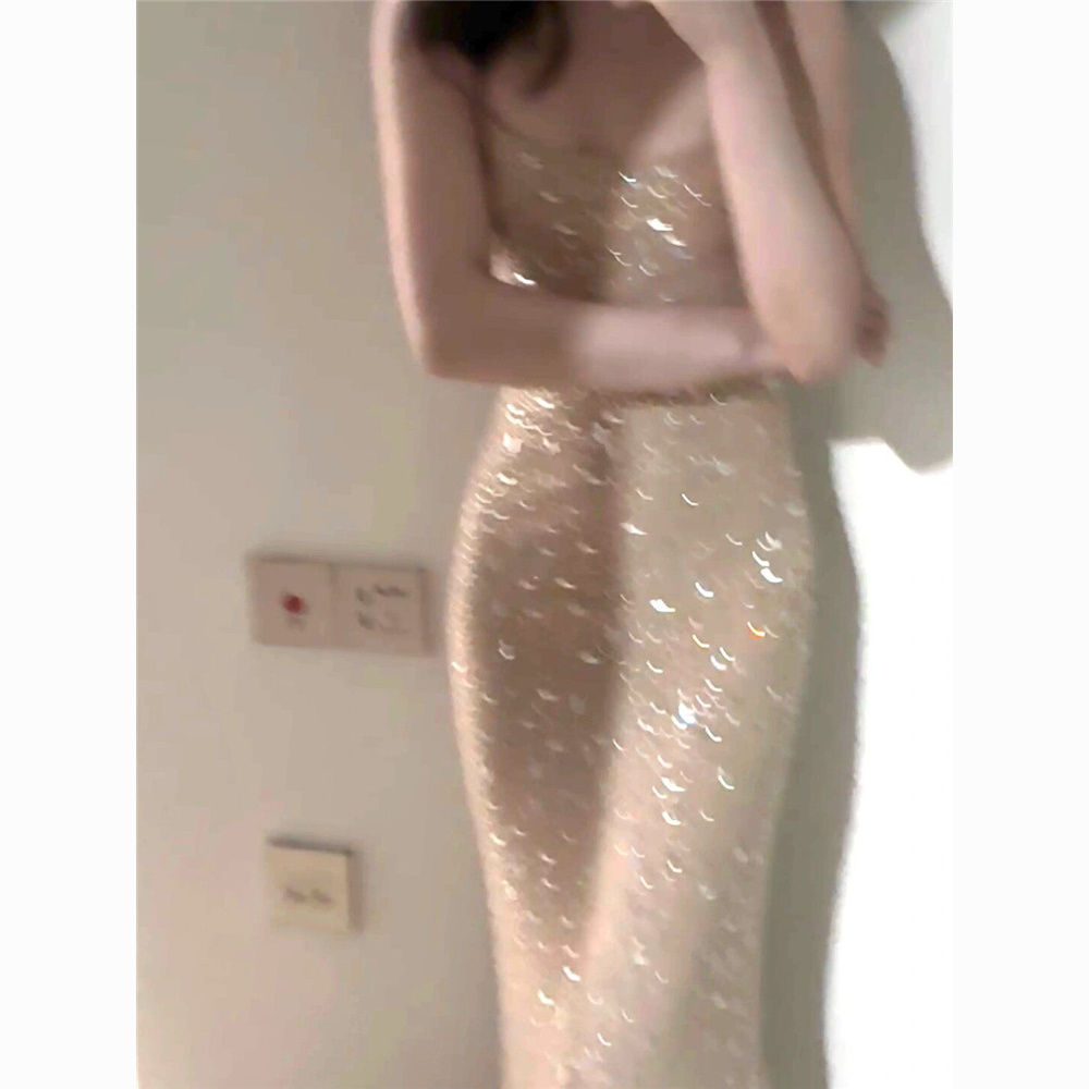 European studded diamond design light luxury high-end evening long spaghetti dress