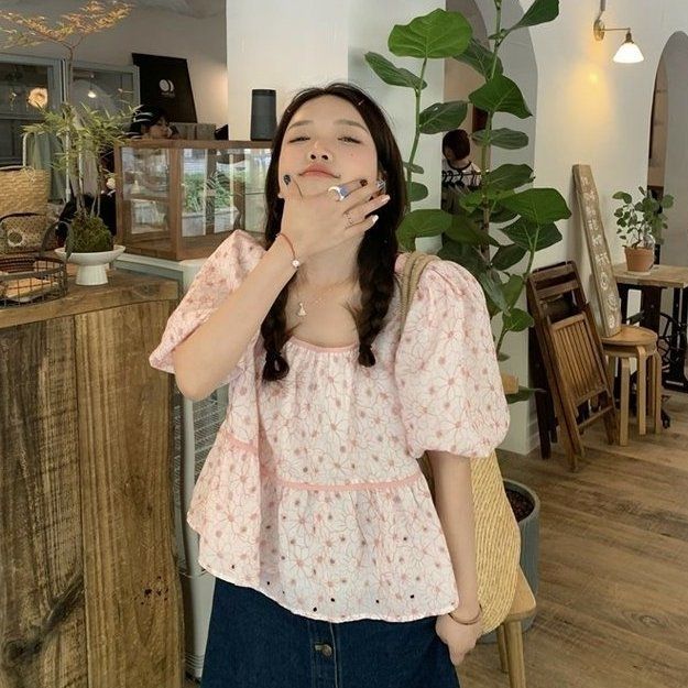 French sweet babydoll Square collar floral puff short-sleeved shirt