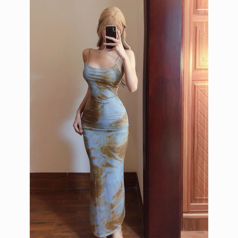 French tie-dye printed spaghetti strap dress long bodycon dress