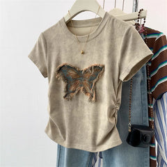 Tie-dye butterfly short-sleeved  design slim waist fit cropped top 100% cotton T-Shirt