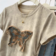 Tie-dye butterfly short-sleeved  design slim waist fit cropped top 100% cotton T-Shirt