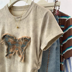 Tie-dye butterfly short-sleeved  design slim waist fit cropped top 100% cotton T-Shirt