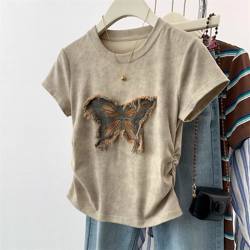Tie-dye butterfly short-sleeved  design slim waist fit cropped top 100% cotton T-Shirt