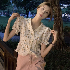 Chic shirt summer loose V-neck short-sleeved thin sweet floral top