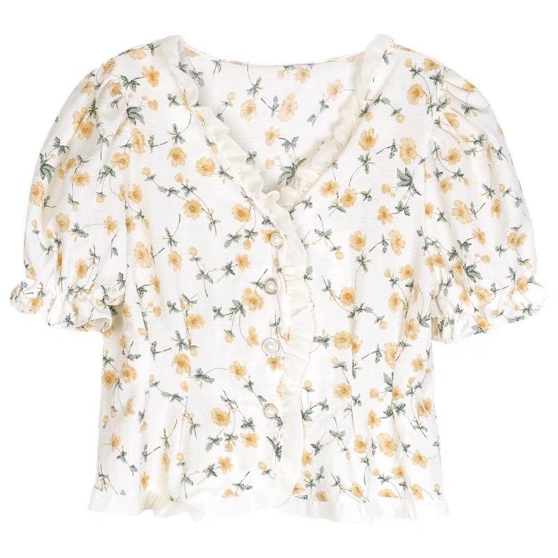 Chic shirt summer loose V-neck short-sleeved thin sweet floral top
