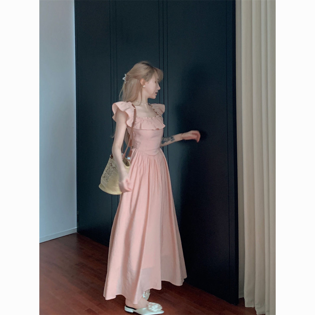 Square neck, flying sleeves and ruffle waist slimming, A-line mid-length dress