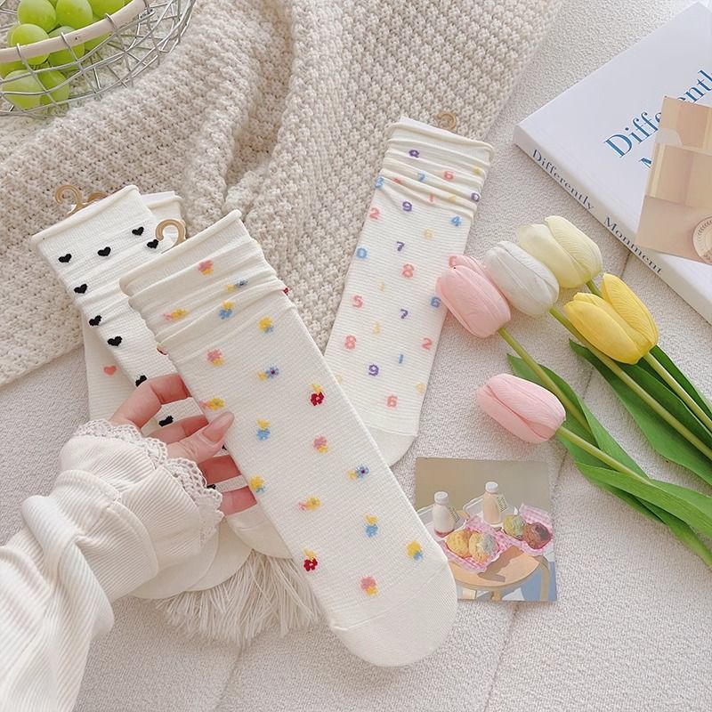 Women's Mid-Tube Pile Thin Japanese Style Colorful Polka Dot Love Solid Color White Socks