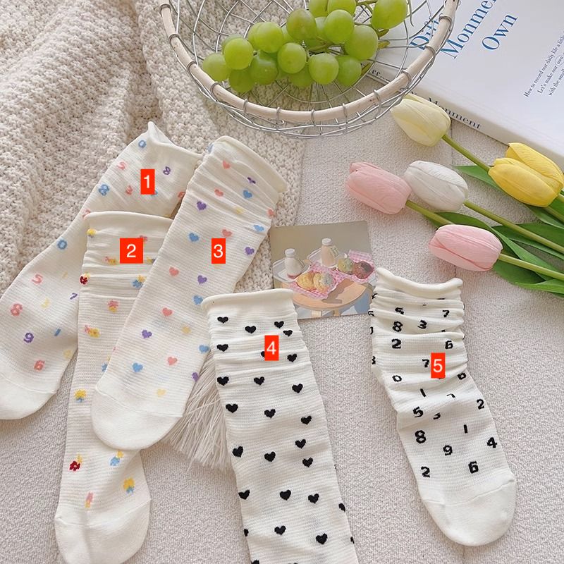 Women's Mid-Tube Pile Thin Japanese Style Colorful Polka Dot Love Solid Color White Socks