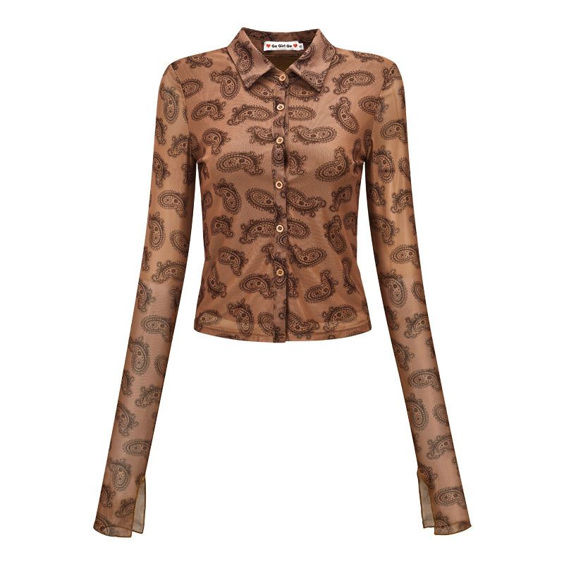 Retro Design Printed Lapel Extra Long Sleeve Women's Slim Shirt