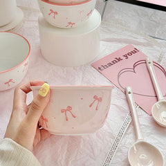 Bowknot Ceramic Bowl and Spoon Set with Under-Glaze Design – High-Quality, Cute Tableware for Meals and Desserts