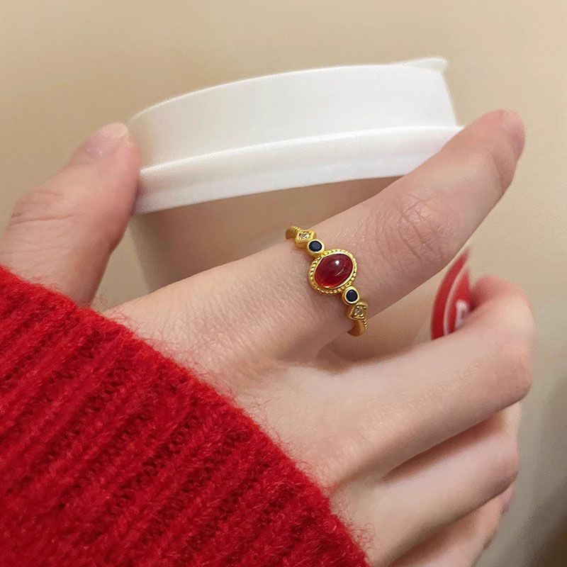 Matte Gold Enamel Ring - Retro Chinese Style Statement Jewelry