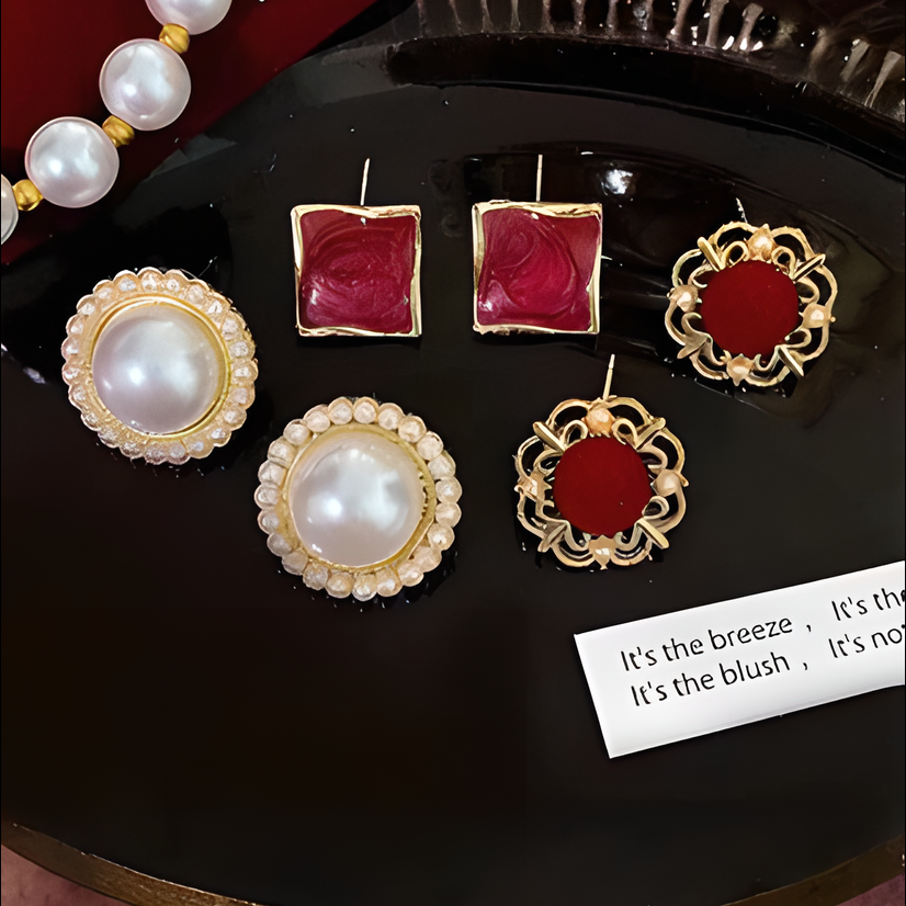 Pearl Stud Earrings Set - Unique Lightweight Luxury Design