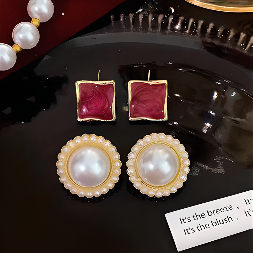Pearl Stud Earrings Set - Unique Lightweight Luxury Design