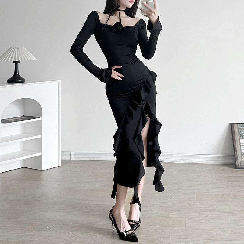 French Rose Ruffled Square Neck Dress with Asymmetrical Hem and Waist Cinch