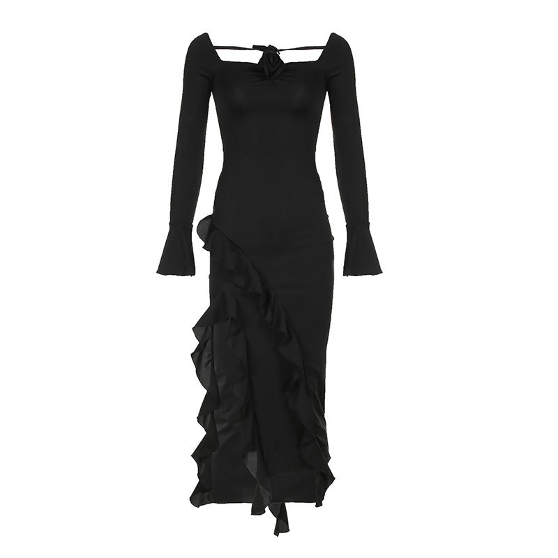 French Rose Ruffled Square Neck Dress with Asymmetrical Hem and Waist Cinch